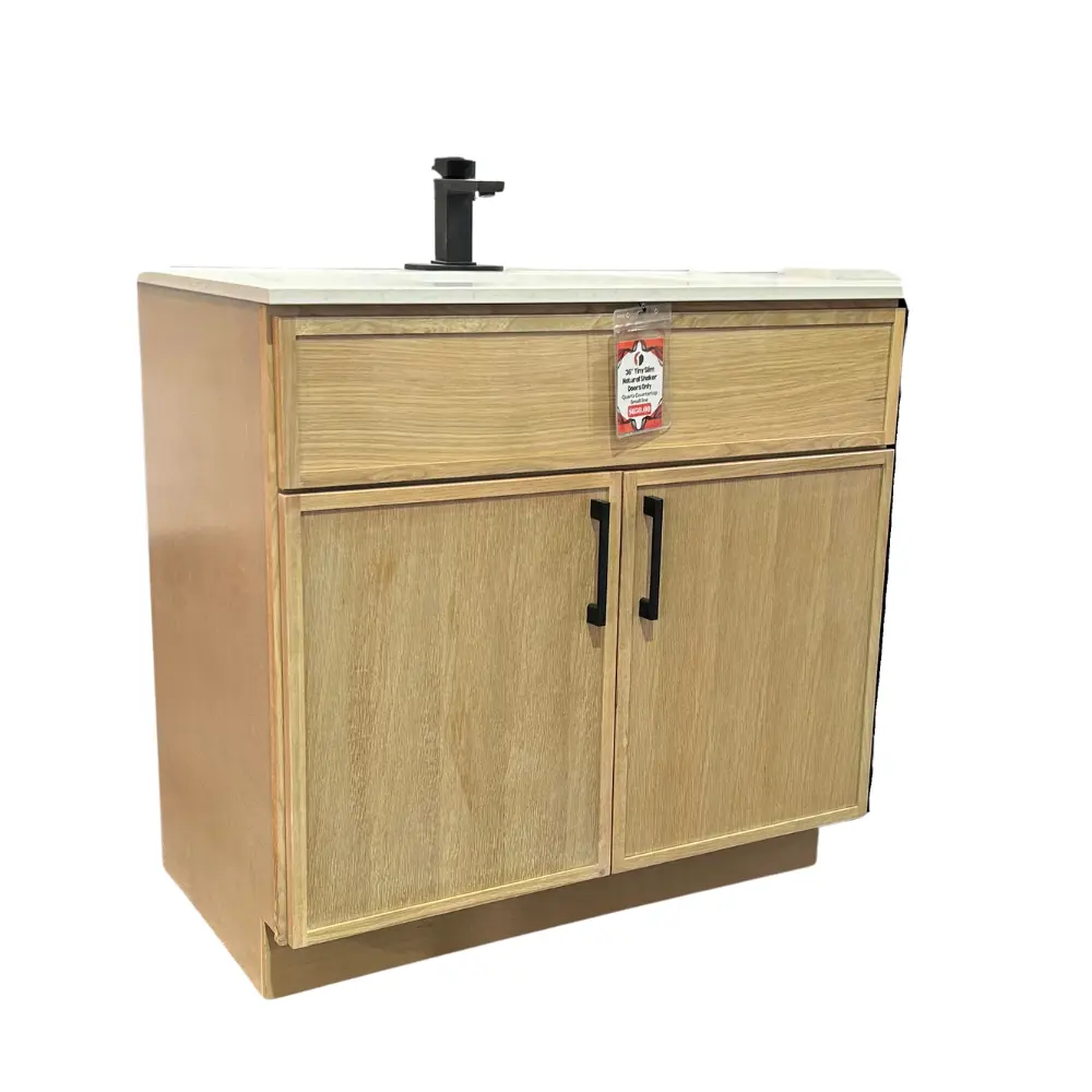 TC Wood Vanity - 36"  Tiny Slim Natural Shaker Doors Only - Small Lines Quartz Top - Black Handles